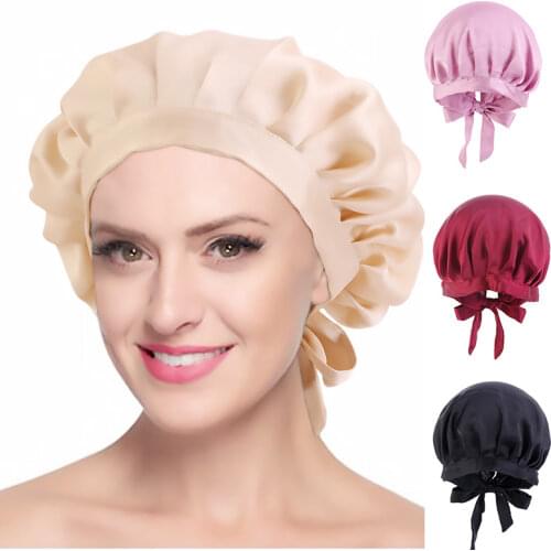 New Fashion Soft Silky Women Night Sleep Shower Cap Hat Long Hair Care Bonnet Headwrap Hat Soft Satin Hat Accessories