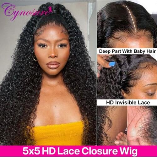 Cynosure HD Lace 5x5 Closure Wig Brazilian Hd Lace Frontal Wig Kinly Curly Human Hair Transparent Lace Front Human Hair Wigs