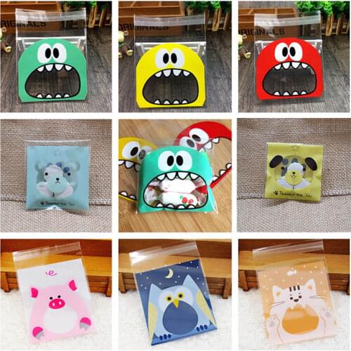 7x7 10x10cm 50Pcs Plastic Bags Cute Cartoon Gifts Bags for Birthday Party Cookies Packaging Supplies Adhesive Biscuits Candy Bag