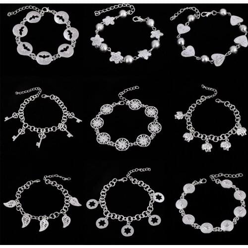 Simple Fashion Leaf Heart Shape Hollow Animal Pendant Bracelet Silver Color Women Round Elephant Metal Party Bracelet Jewelry