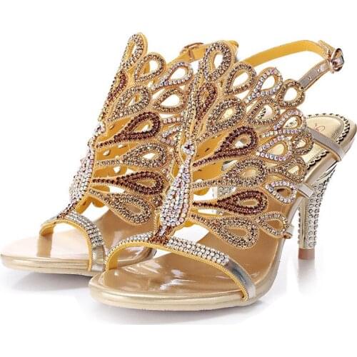 2019 Summer Golden Bohemian Style Large Size Peacock Pattern Stiletto Sandals Empty Inlay Rhinestone Sandals Open Toe Pumps 8CM