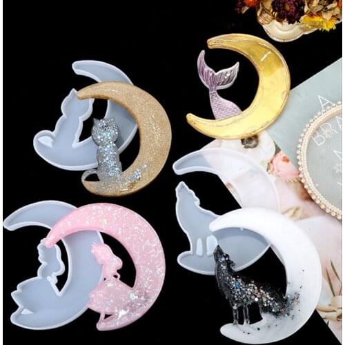 4 Pieces Cat Wolf Fishtail Girl Moon Mirror DIY Silicone Jewelry Mold UV Resin Epoxy Mold Decoration Tool Home Supplies