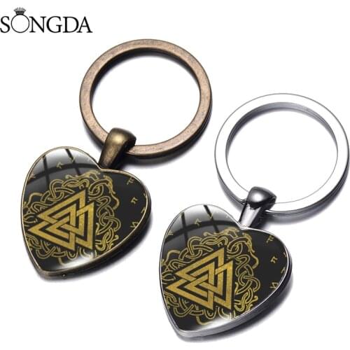 SONGAD-Viking Valknut Prayer Keychain Raven Banner Viking Flag Odin Fish Fashion Heart Shape Art Picture Glass Dome Keychain