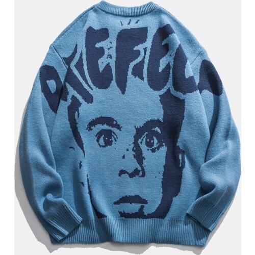 Vintage Mens Sweater Autumn Winter Kid Figure Printed Pullovers Gengar Loose Streetwear Clothing Van Knitted Jumper Men Sweater