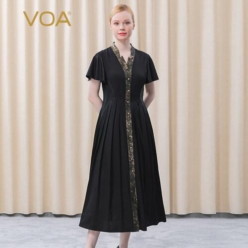 VOA Silk 36m/m Elastic Crepe De Chine Jacquard Stitching AE702 Placket Single-row Beaded Buckle Maxi Dresses for Women 2021