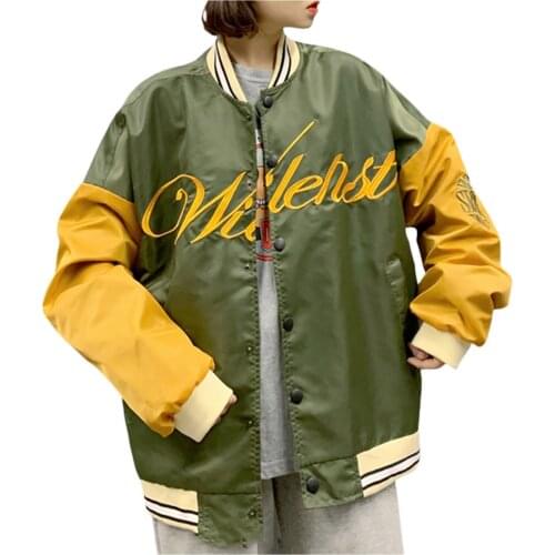 Womens BF Style Large Baseball Jacket Letter Embroidery Long Sleeve Color Block Hip Hop Jacket