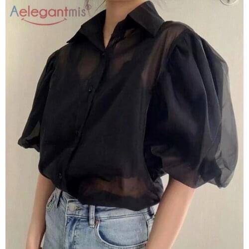 Aelegantmis Sexy Black Lantern Sleeve Thin Blouse Shirts Women Solid Design Half Sleeve Shirts Korean Chic Blouses Streetwear BF