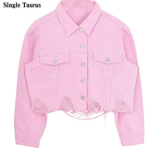 Female Pink Cropped Denim Jacket Fall Winter Long Sleeve Turn Down Collar High Street Casual Jeans Jackets Chamarras De Mujer