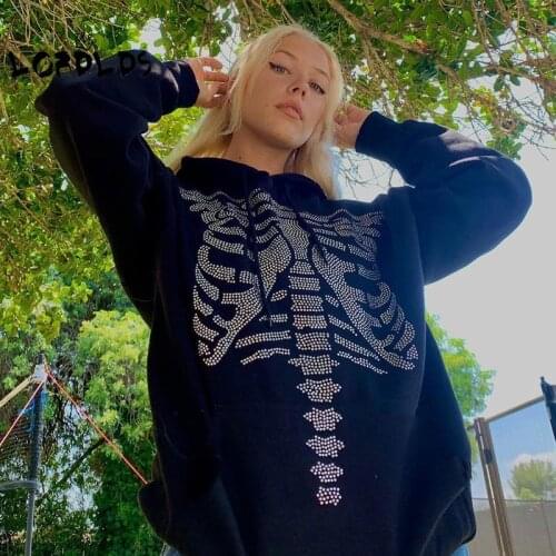 LORDLDS Women Black Hoodies Oversized Daimond Skull Sweatshirts Long Sleeve Grunge Hoodie Punk Gothic Fall 2021 Women Clothing