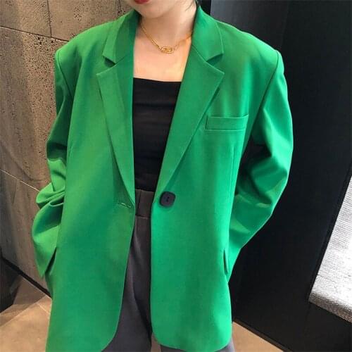 Women Green Single Button Blazer Spring Autumn New Korean Lapel Long Sleeve Loose Plus Size Suit Jackets Fashion Coat Tide H1427