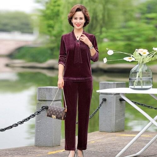 Middle-aged and Elderly Womens Sets Tracksuit Golden Velvet Tops & Trousers 2 Piece Set Sweatshirt Suit Spring Autumn Sportswea