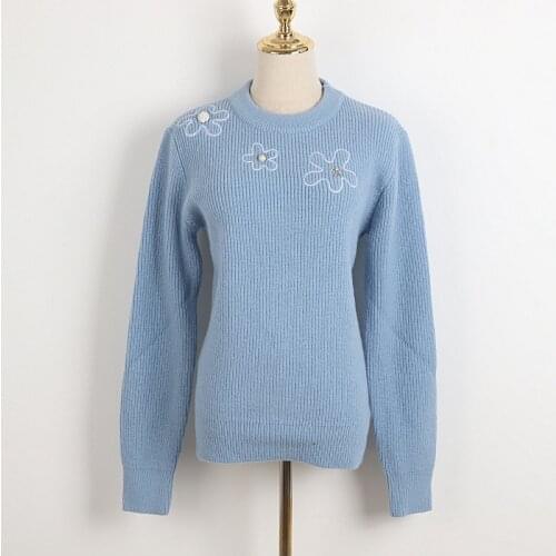 2021 Spring Sweater Long Sleeve Blue Flowers Beads Crewv Neck Kint Swaeter Womens