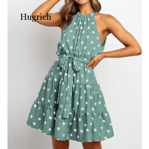 Womens Sexy Polka Dot Printed Summer Holiday Beach Causal Halter Dress for 2021 New Fashion