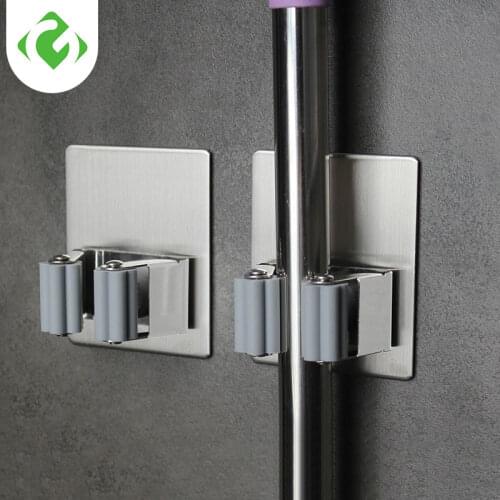 304 Stainless Steel hook bathroom shelf organizer Metal broom storage clip mop wall shelves wall Mounted Type bathroom rack 1PC