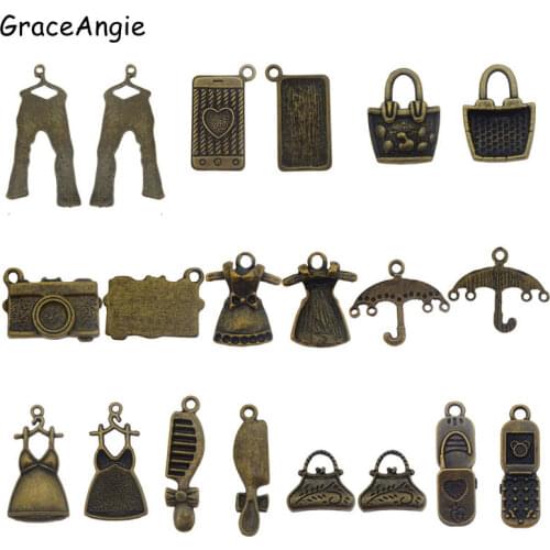 GraceAngie 20pcs Creative Mixed Clothes Dress Charms Bronze Jewelry Making Necklace Pendants Bracelet DIY Accessory Wholesale