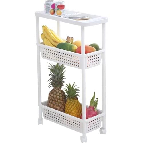 BAOYOUNI 3 Tiers Movable Storage Trolley Rolling Kitchen Vegetable Fruit Basket Rack Plastic Slim Slide Out Organizer cart