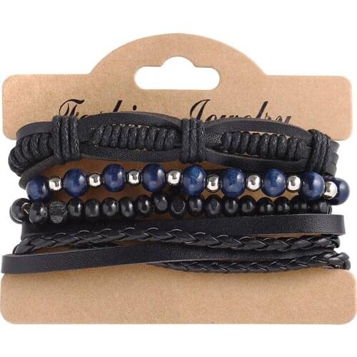 4pcs/lot Retro Blue Silver Color Beaded Bracelets Handmade Black Leather Rope Wrap Bangle Bracelets Fashion Men Jewelry Gift
