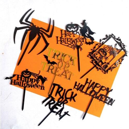 Acrylic Cake Topper Happy Halloween Spider Witch Small Cat Cupcake Toppers Horror Halloween Baking Party Decorations Kids favor