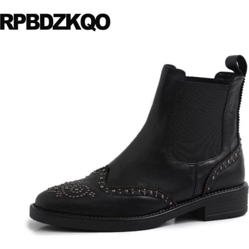 10 Short Metal Flat Comfortable Chelsea Stud Booties Black Handmade Shoes Winter Rivet Punk Rock Boots Slip On Big Size Plus New
