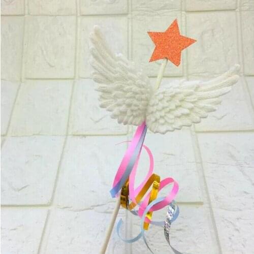 Baby Birthday Cake Decoration White Angel Wings Pink Love Angel Wings Gold Pentagram Cake Decoration Happy Birthday Cake Topper