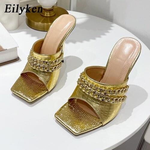 Eilyken New Square Toe Metal Chain Womens Slippers Metal High Heels Sandals Summer Mules Slides Sexy Ladies Shoes Big Size 41