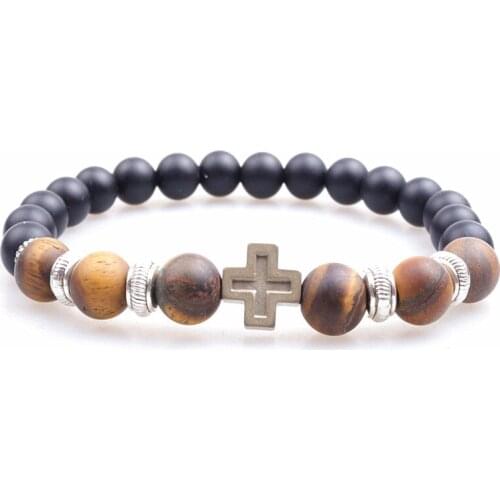 Elastic line Cross Bead & 8mm Tiger stone bead bracelet For Men Jewelry