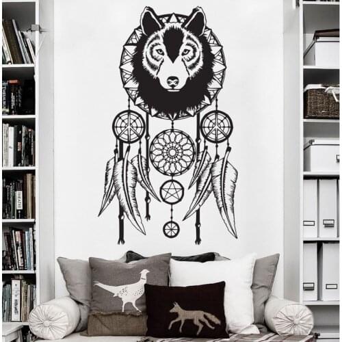 Wolf Dreamcatcher Wall Sticker Wolf Art Wall Decal Modern Design Home Decoration Removable Dream Catcher Vinyl Wall Mural AY1739