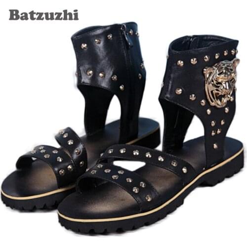 2018 Handmade Cool Men Sandals Genuine Leather Sandal Shoes Men with Charm and Rivets Rock Ankle Sandalias Hombre, US12 EU46