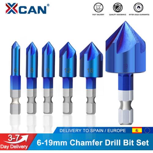 XCAN 5 Flutes Chamfer Drill Bit Set 6pcs 6-19mm 90 Degrees HSS Chamfering Cutter Nano Blue Coated Countersink Drill Bit