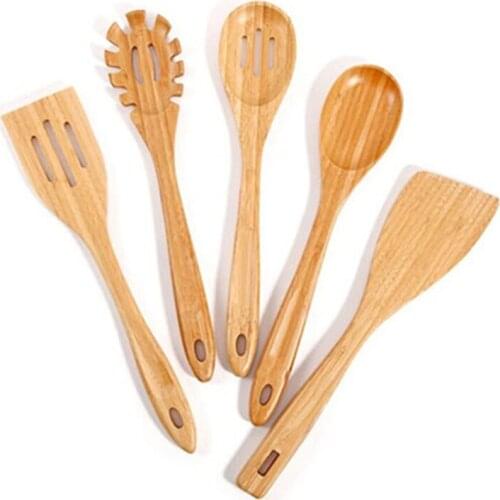 2021 New Bamboo Wooden Cooking Utensils Set 5pcs Wood Kitchen Utensil Set Wooden Spoons