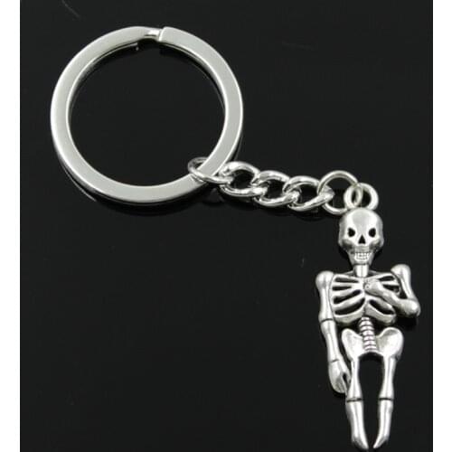 New Fashion Men 30mm Keychain DIY Metal Holder Chain Vintage Skeleton Man Halloween 41x15mm Silver Color Pendant Gift