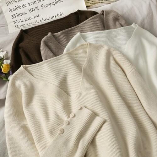 Autumn Winter Breasted Long Sleeve V-neck T-shirt Top Womens New Slim Fashion Sweater