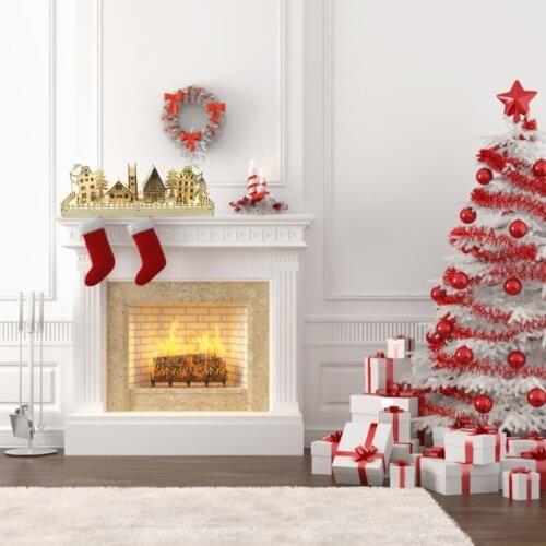 P82D Christmas Wooden Village House Scene LED Lighted Luminous Xmas Tree Reindeer DIY Blank Ornament Holiday Desktop Decor