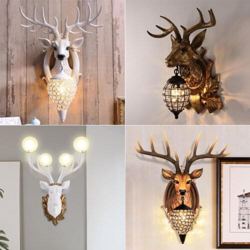 Resin Antlers Deer Head Country Retro Style Living Room Bedside Decoration Bedroom Bar Restaurant Shop Craft Crystal Wall Lamp