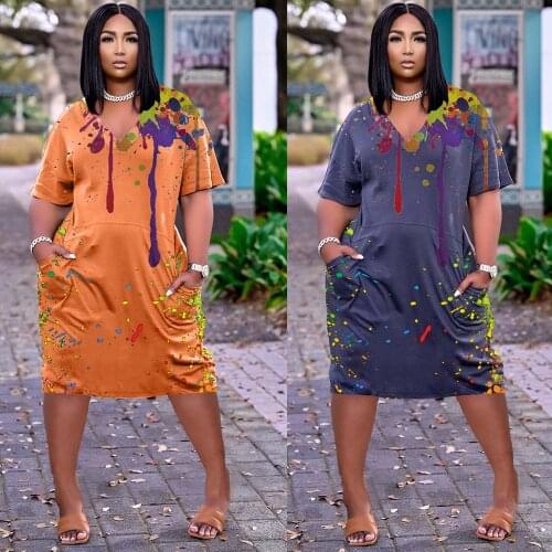Plus Size Tie Dye Print Summer Dresses for Women Clothes V-neck Short Sleeve T Shirts Dress Streetwear Packet Loose Casual Dress