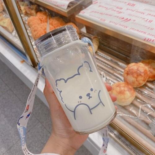 Cartoon Bear Glass Bottles Kawaii Water Bottle Eco Friendly Glass Cute Cups for Student Girl Gift Milk Coffee Waterbottle