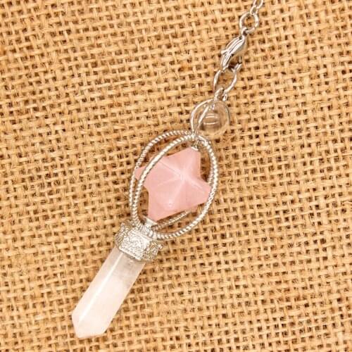 Trendy-beads Unique Silver Plated Natural Rose Pink Quartz MerKaBa Rock Crystal Hexagon Column Pendant Link Chain