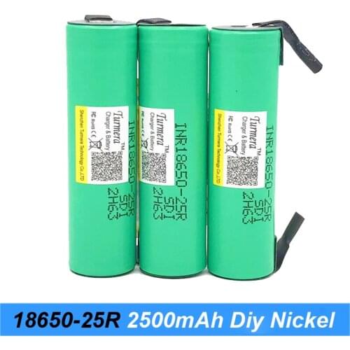 Turmera 18650 2500mAh 20A INR18650-25R Lithium Battery with Welding Nickel for E-Bike and 12V 16.8V 21V 25V Screwdriver Battery