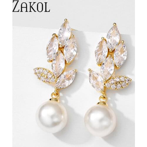 ZAKOL 2021 TRENDY Water Drop Cubic Zirconia Statement Earrings Luxury Wedding Party Pearl Earring Jewelry for Women EP5147