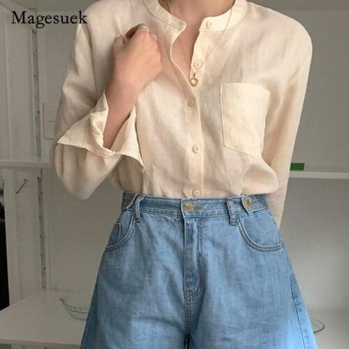 Korean Office Lady Shirt 2021 O-neck Button Up Pocket Casual Blouse Women Solid Vintage Cotton and Linen Tops Blusas Mujer 12640