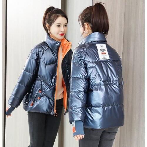 Womens 2021 Winter Korean Short Down Jacket Style Glossy Parker Fashion Stand Collar Solid Color Loose Plus Size Cotton Thicken