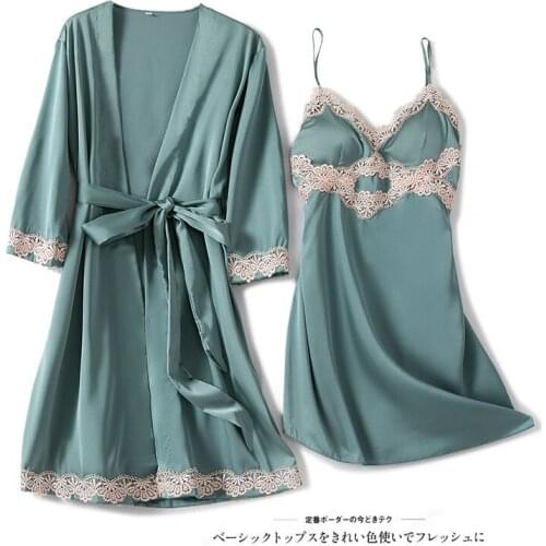 2020 Women Robe & Gown Sets Sexy Lace Sleep Pijama Long Sleeve Ladies Nightwear Bathrobe Night Dress Home Suit