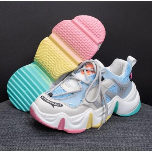 2021 Women Vulcanize Shoes High Heel Chunky Sneakers Women Height Platform Breathable Sports Walking Girls Colorful Candy Shoes