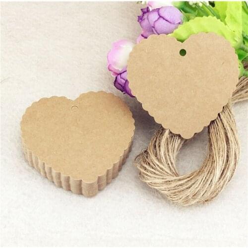 300Pcs/Lot Kraft Brown Lace Love Heart Shaped Tags Hang Head Labels For Chocolate Bags Price Note Paper Tags With Hemp Strings