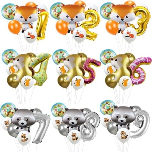 7pcs/set Foil Animal Balloons With Fox Squirrel Raccoon Latex Balloon Number Baby Shower Globos Birthday Party Decorations Kids