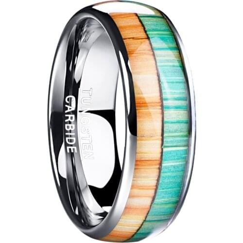 8MM Width Polished Wood Grain Dome Tungsten Carbide Men Ring Inlaid Double Color Orange Green Trend Gift Ring For Male