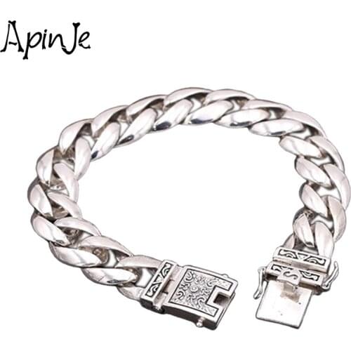 Apinje Width Chain Bracelet 925 Sterling Silver Men Fashion Thai Silver Man Gothic Jewelry Mens Bracelets