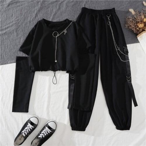 Spring Autumn Women Harajuku Cargo Pants Suit Handsome Cool Two-piece Suit ChainRemovable Long Sleeve+Casual fashionPants 2021