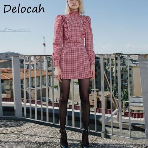 Delocah New 2021 Autumn Women Fashion Runway Party Mini Dress Lantern Sleeve Gorgeous Ruffles Double Breasted Plaid Print Dress