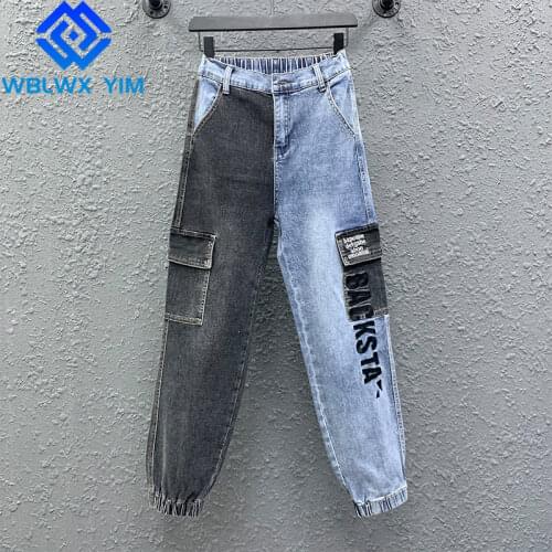 Cargo Jeans Women Fashion Letter Embroidery Patchwork Denim Wide leg pants Female High Waist Loose Plus Size Jeans Streetwear